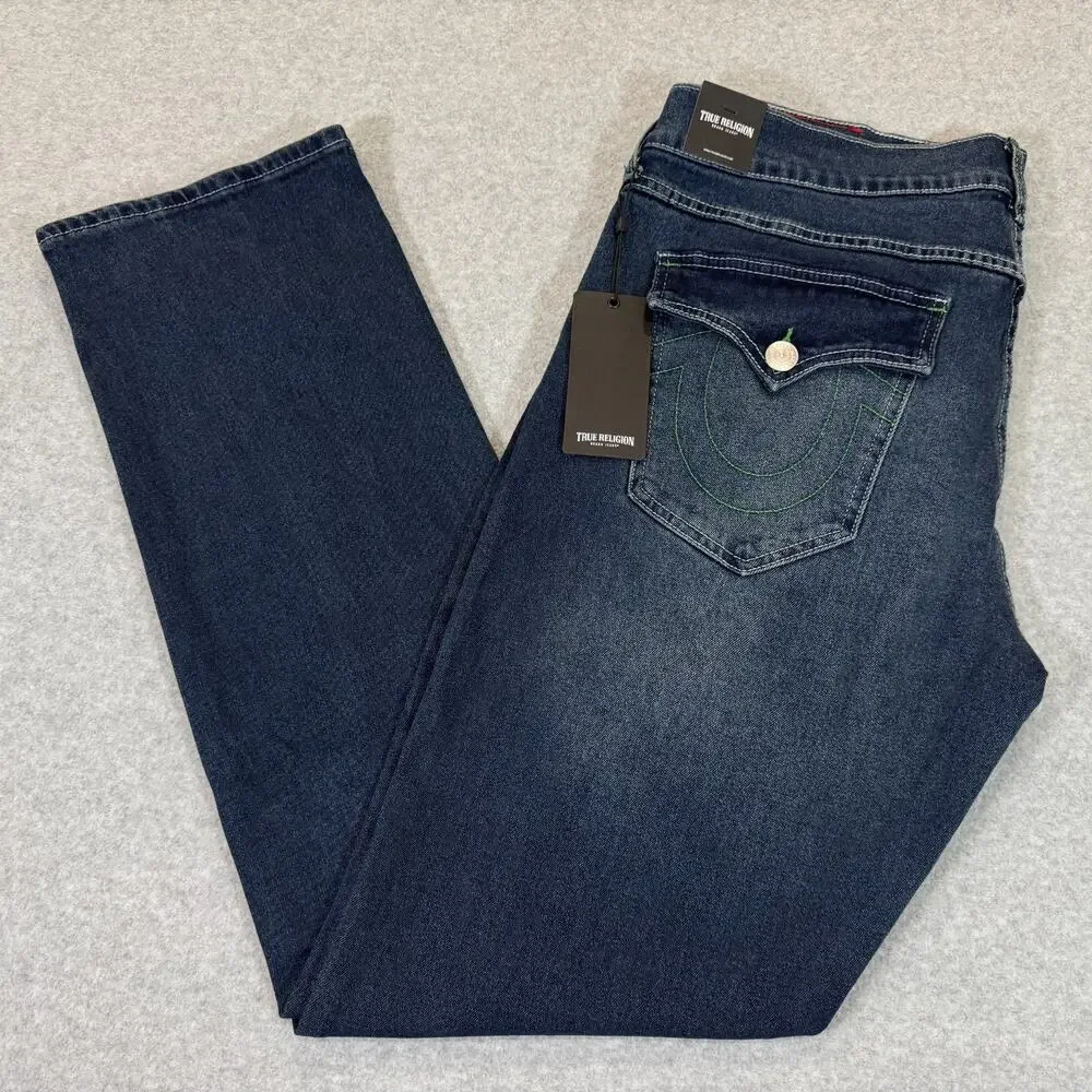 True Religion Ricky SN Flap Relaxed Straight Jeans Dark Woodland Wash 36x34 NWT